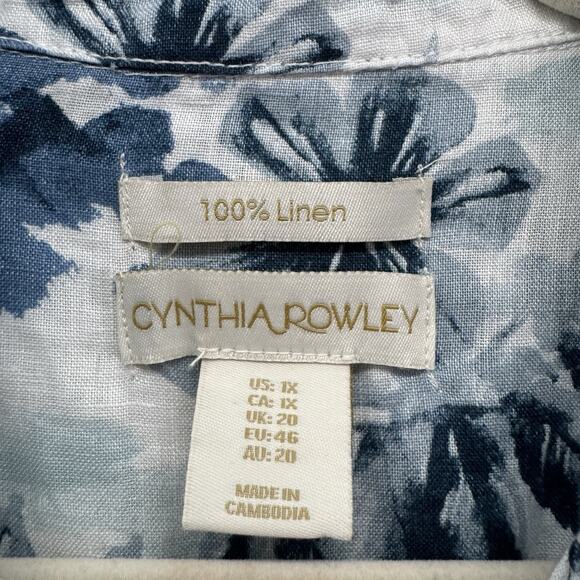 Cynthia Rowley Top Women 1X Blue Linen Floral Popover 1/4 Button Roll Tab Sleeve - Picture 2 of 13